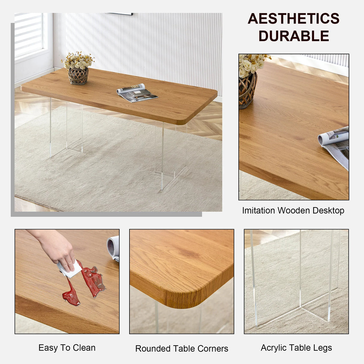 Dining Table With Wooden Top And Clear Acrylic Legs Natural - Furniture Home Direct