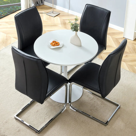 Dining Set Round White Table with PU Leather Chairs Black - Furniture Home Direct