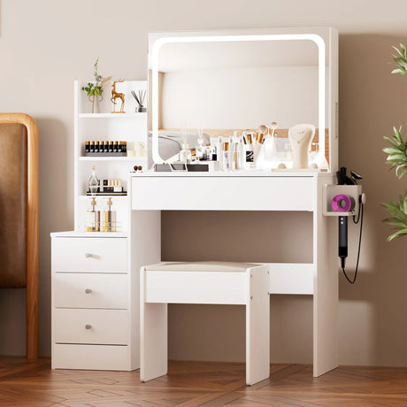 Vanity Table With LED Mirror And Built In Storage White - Furniture Home Direct
