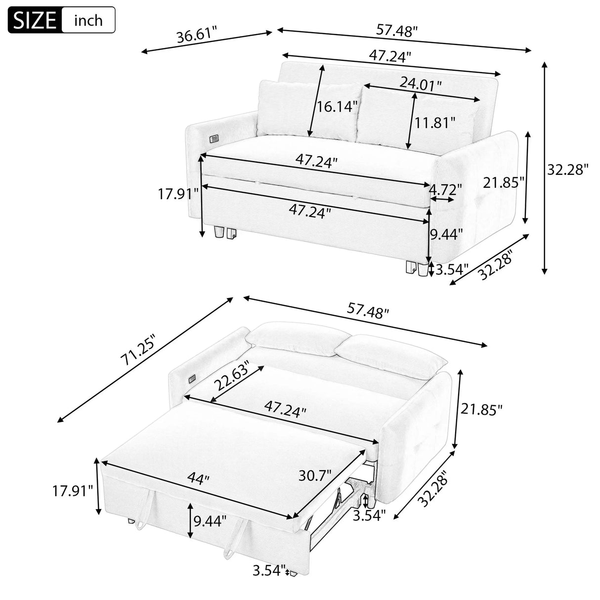 Pull-Out 2 Seat Modern Sleeper Sofa With 2 Throw Pillows And USB Ports - Furniture Home Direct