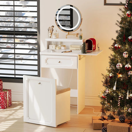 Makeup Vanity Desk With Round Mirror And Lights, 2 In 1 Nightstand, Dressing Table With A Chair - Antique White - Furniture Home Direct