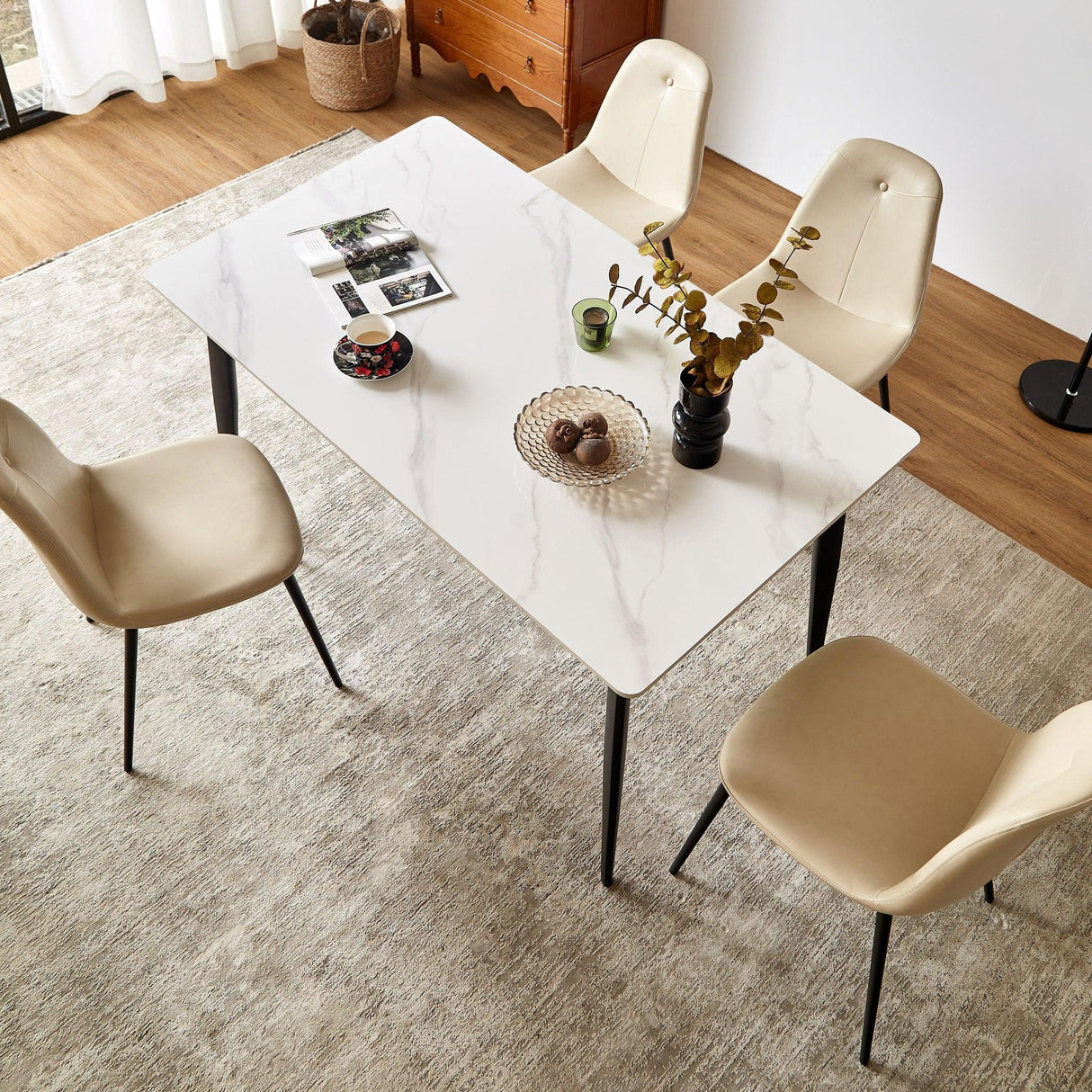 Mid Century Modern Dining Table Round White Sintered Stone Top Heavy Duty Metal Legs Waterproof Surface For Kitchen Dining Room Or Office Furniture - White / Black - Furniture Home Direct