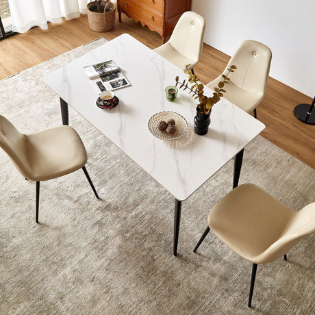Mid Century Modern Dining Table Round White Sintered Stone Top Heavy Duty Metal Legs Waterproof Surface For Kitchen Dining Room Or Office Furniture - White / Black - Furniture Home Direct