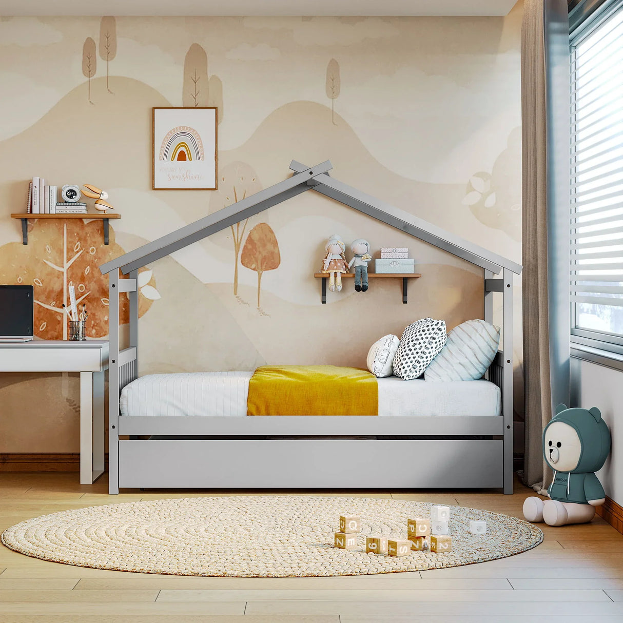 Wooden House Bed With Twin Size Trundle - Furniture Home Direct