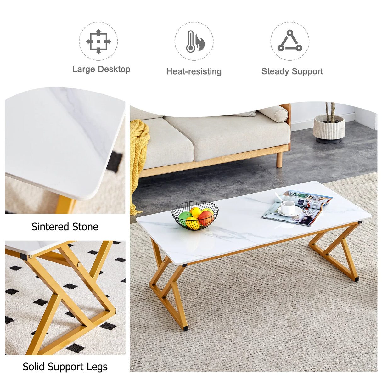 Coffee Table Marble Top Contemporary With Gold Frame White - Furniture Home Direct