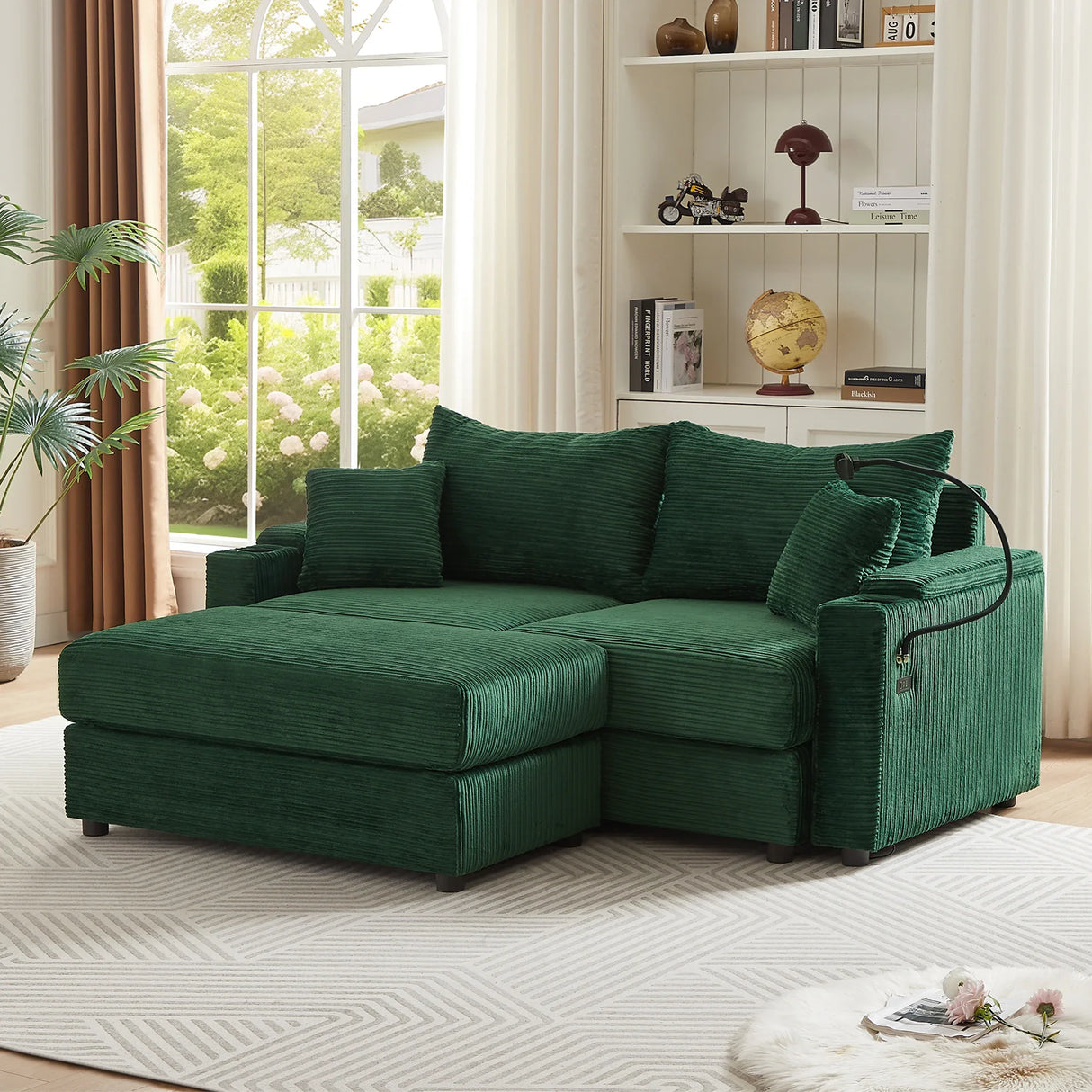 Sofa and Ottoman With Storage, Two USB Ports, Two Cup Holders and Phone Holder - Green - Furniture Home Direct