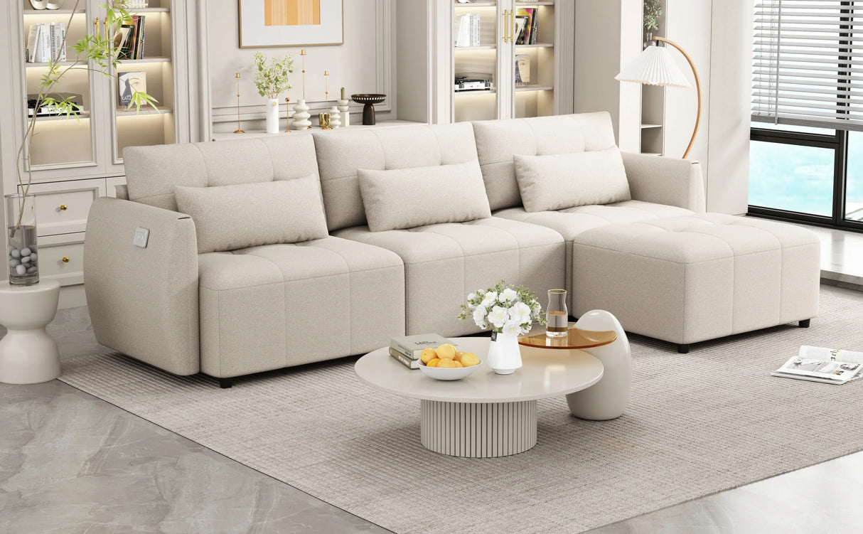 113.3 Modular Sectional With Ottoman And USB C Ports Beige - Furniture Home Direct