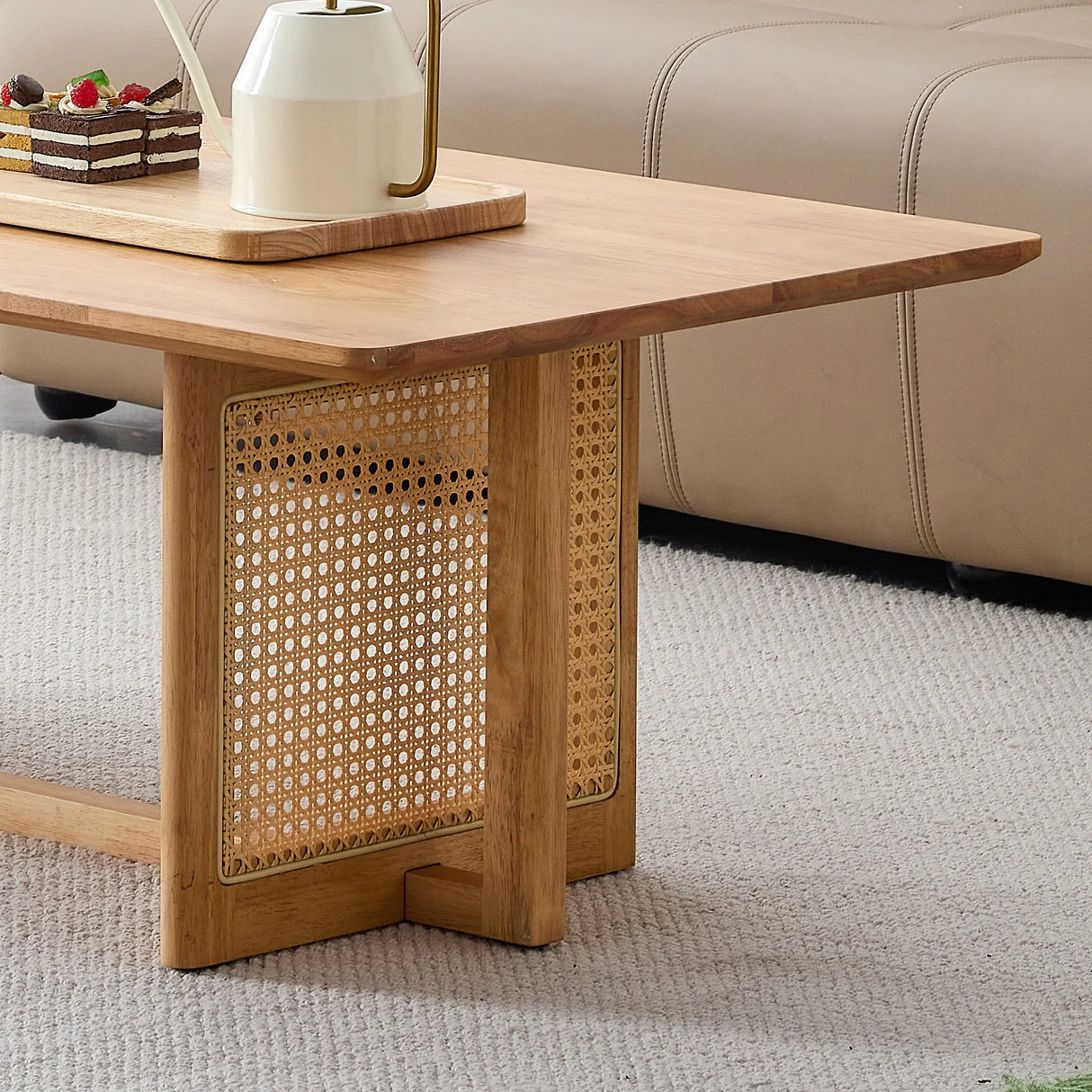 Coffee Table Solid Wood With Woven Rattan Panels Natural - Furniture Home Direct