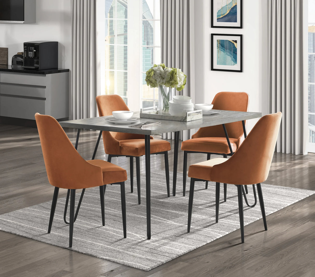 Dining Set 5 Piece Modern Table With Velvet Chairs Orange - Furniture Home Direct