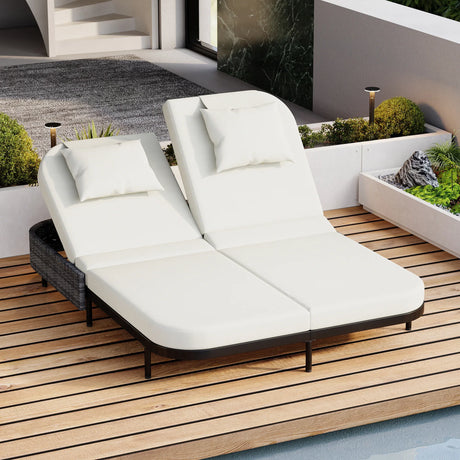 Outdoor Wicker Double Chaise (Black Frame+Beige Cushion) - Furniture Home Direct