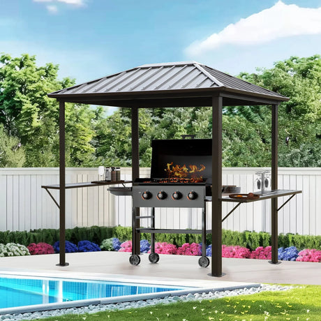 Grill Hardtop Gazebo Outdoor Metal Hard Top Gazebo, Permanent Bbq Gazebo With Galvanized Steel, Aluminum Framed Pavilion With Shelves - Dark Brown - Furniture Home Direct