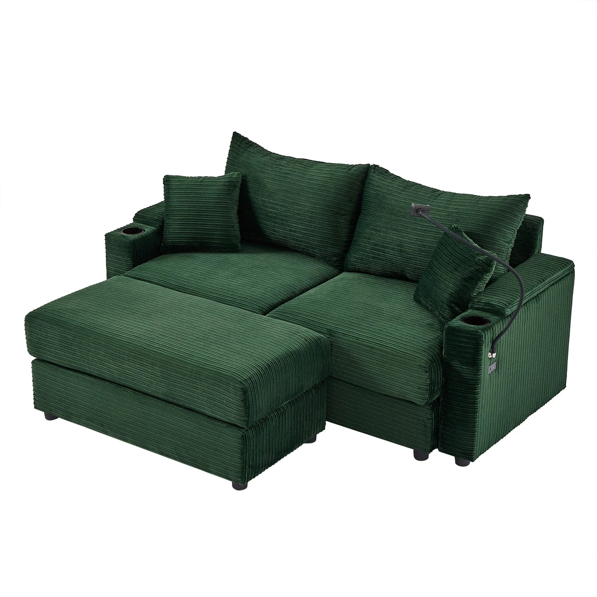 Sofa and Ottoman With Storage, Two USB Ports, Two Cup Holders and Phone Holder - Green - Furniture Home Direct