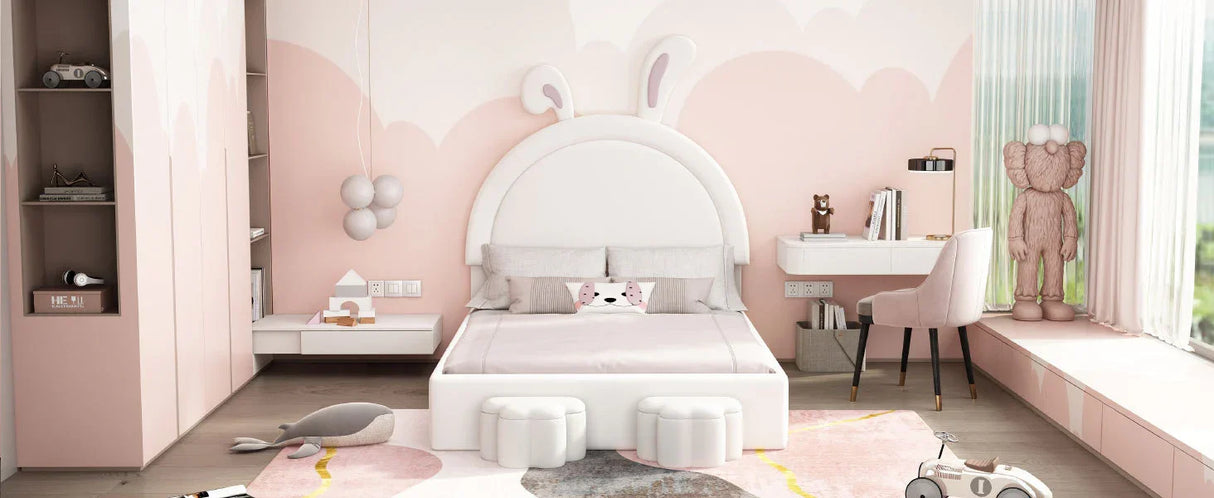 Rabbit-Shaped Bed for Kids Upholstered Full-Size White - Furniture Home Direct