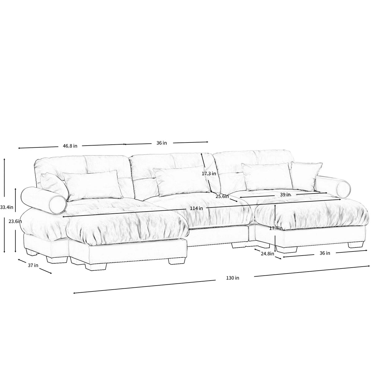 Modern Sectional Sofa With Ottoman, Round Bolster Armrests, Waist And Throw Pillows - Furniture Home Direct