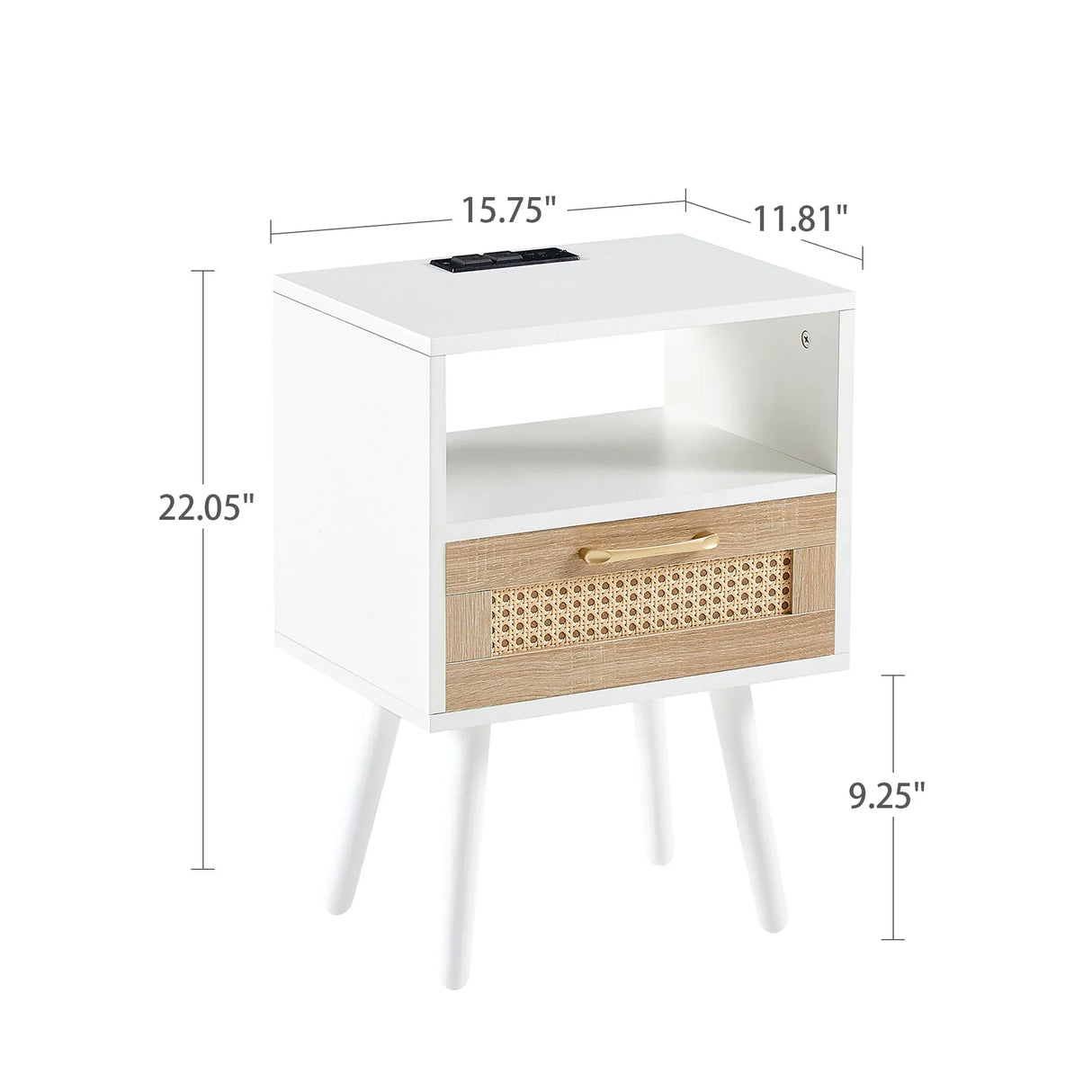15.75" Rattan End Table With Power Outlet & USB Ports, Modern Nightstand With Drawer And Solid Wood Legs, Side Table For Living Room, Bedroom - Furniture Home Direct