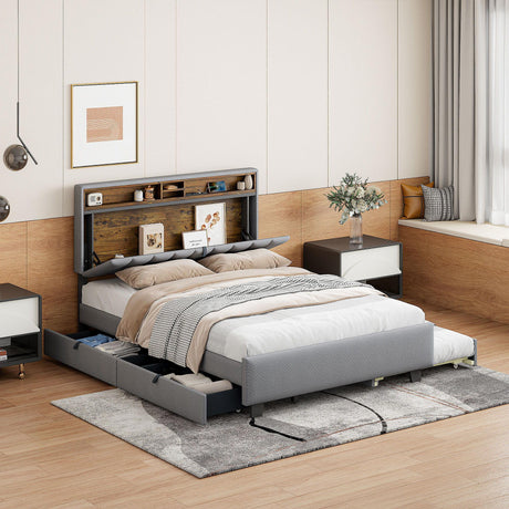 Upholstered Platform Bed With Storage Headboard, Trundle & 2 Drawers And A Set Of Sockets & USB Ports - Furniture Home Direct
