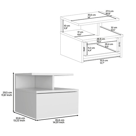 Floating Nightstand Wall Mounted With Single Drawer And 2 Tier Shelf - White - Furniture Home Direct