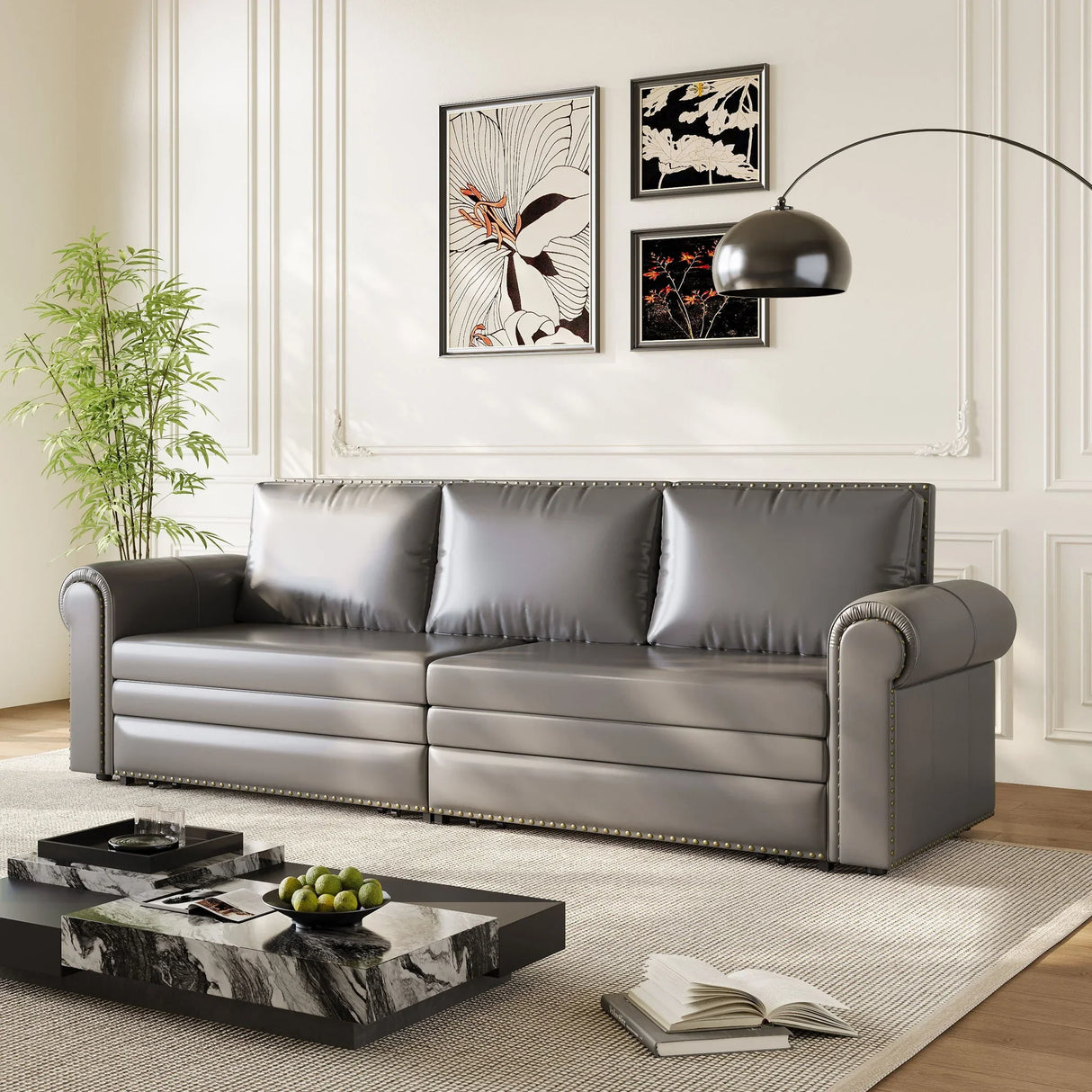 3 In 1 Convertible Sleeper Sofa With Nailhead Trim & Rolled Arm - Furniture Home Direct