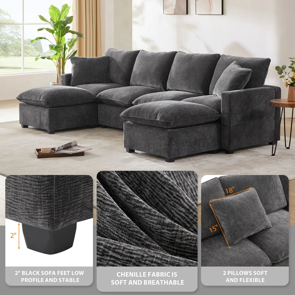 Modern U-Shape Modular Sofa, 6 Seat Chenille Sectional Couch Set With 2 Pillows Included, Freely Combinable Indoor Funiture For Living Room, Apartment, Office - Furniture Home Direct