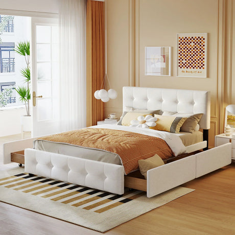 Upholstered Platform Bed With Classic Headboard And Drawers, No Box Spring Needed - Furniture Home Direct