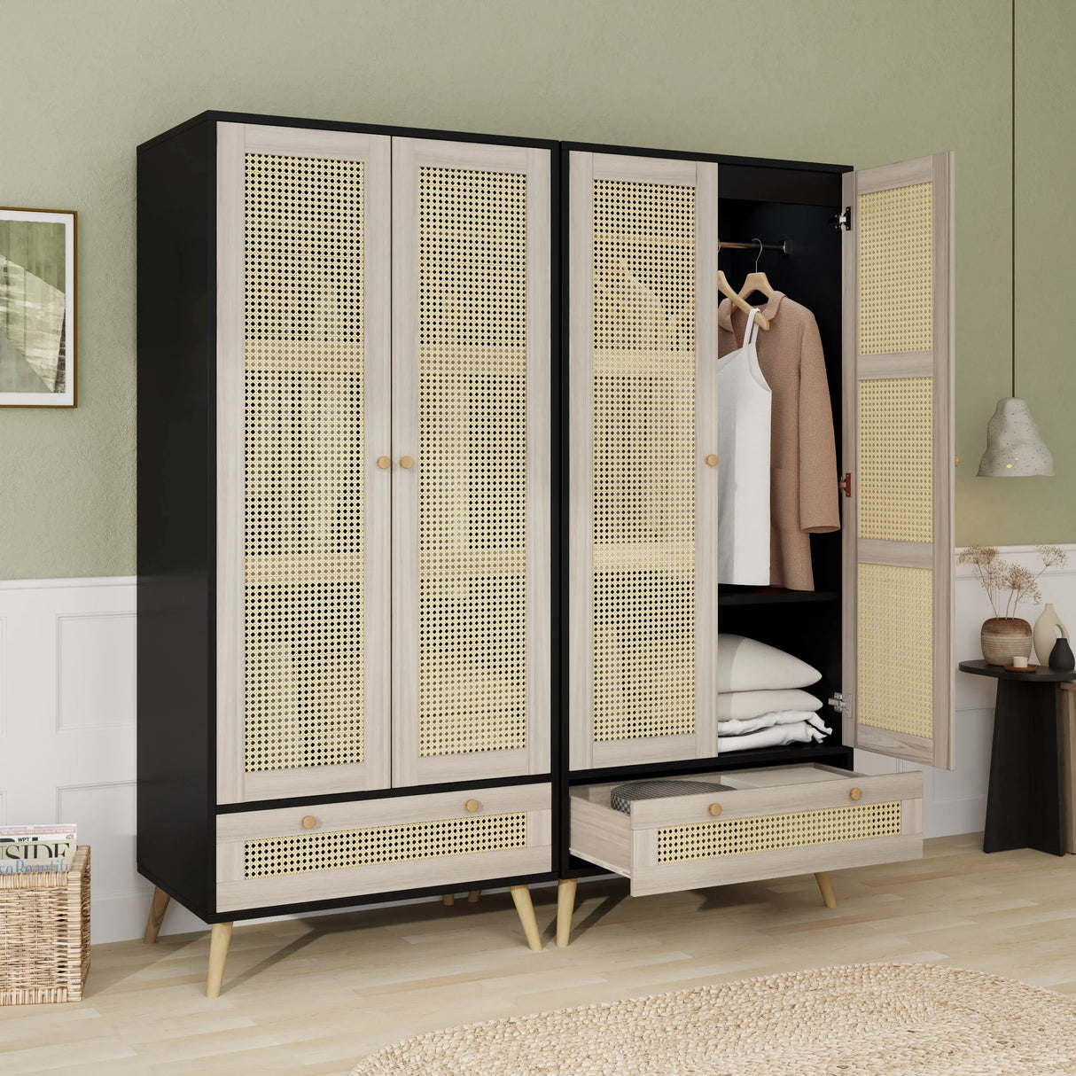 Wardrobe With 2 Rattan Doors And Drawer Natural Black - Furniture Home Direct