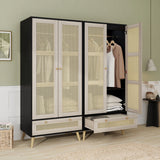 Wardrobe With 2 Rattan Doors And Drawer Natural Black - Furniture Home Direct