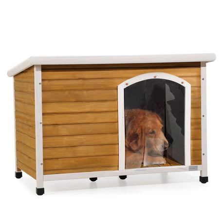 Large Wooden Outdoor Dog House, Waterproof Roof, Elevated Floor, Adjustable Plastic Feet - Yellow - Furniture Home Direct