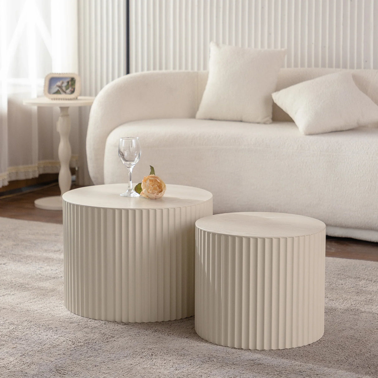 Nesting Coffee Tables Set of 2 Modern Round Soft Beige - Furniture Home Direct