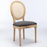 French Style Solid Wood Frame Antique Painting Linen Fabric Rattan Back Dining Chair (Set of 2) - Furniture Home Direct