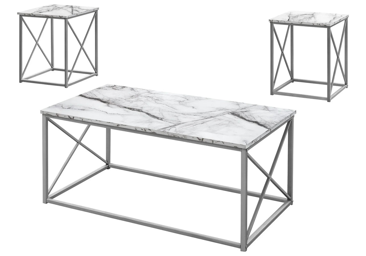 Table Set, Coffee, End, Side, Accent, Living Room, Marble Look Laminate, Contemporary & Modern (Set of 3) - Furniture Home Direct