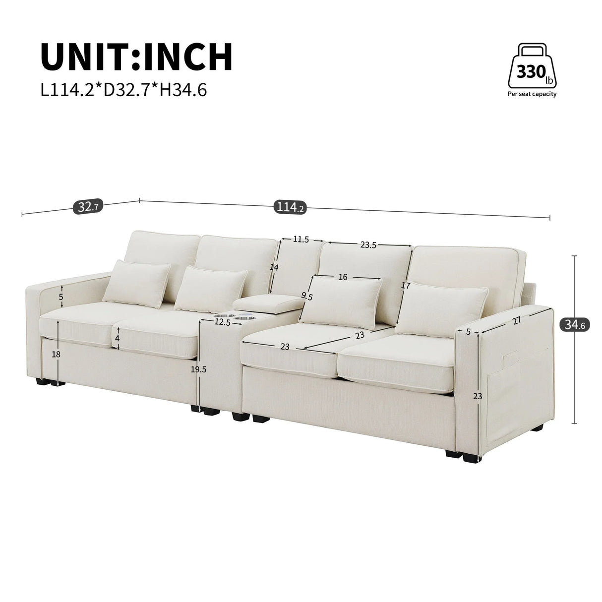 Upholstered Sofa With Console, 2 Cupholders And 2 USB Ports Wired Or Wirelessly Charged, Modern Linen Fabric Couches With 4 Pillows For Living Room, Apartment (4-Seat) - Furniture Home Direct