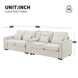 Upholstered Sofa With Console, 2 Cupholders And 2 USB Ports Wired Or Wirelessly Charged, Modern Linen Fabric Couches With 4 Pillows For Living Room, Apartment (4-Seat) - Furniture Home Direct