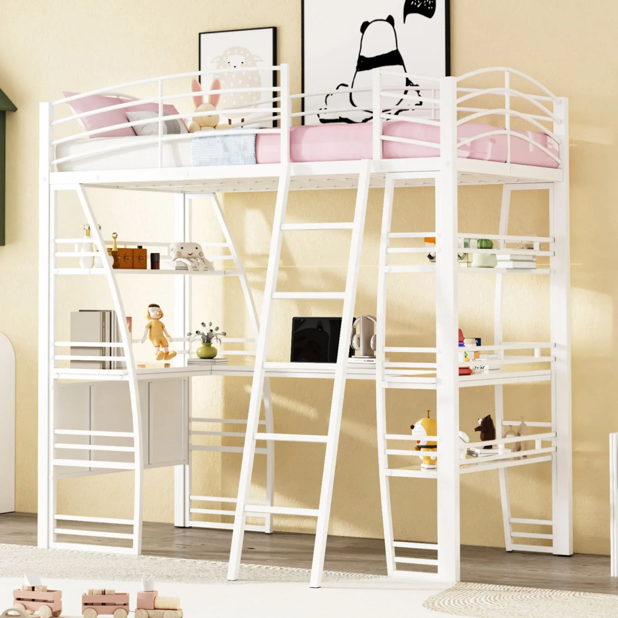 Loft Bed With 4 Layers Of Shelves And L-Shaped Desk, Stylish Metal Frame Bed With A Set Of Sockets, USB Ports And And Wireless Charging - Furniture Home Direct