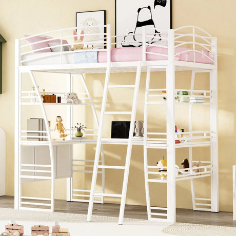 Loft Bed With 4 Layers Of Shelves And L-Shaped Desk, Stylish Metal Frame Bed With A Set Of Sockets, USB Ports And And Wireless Charging - Furniture Home Direct