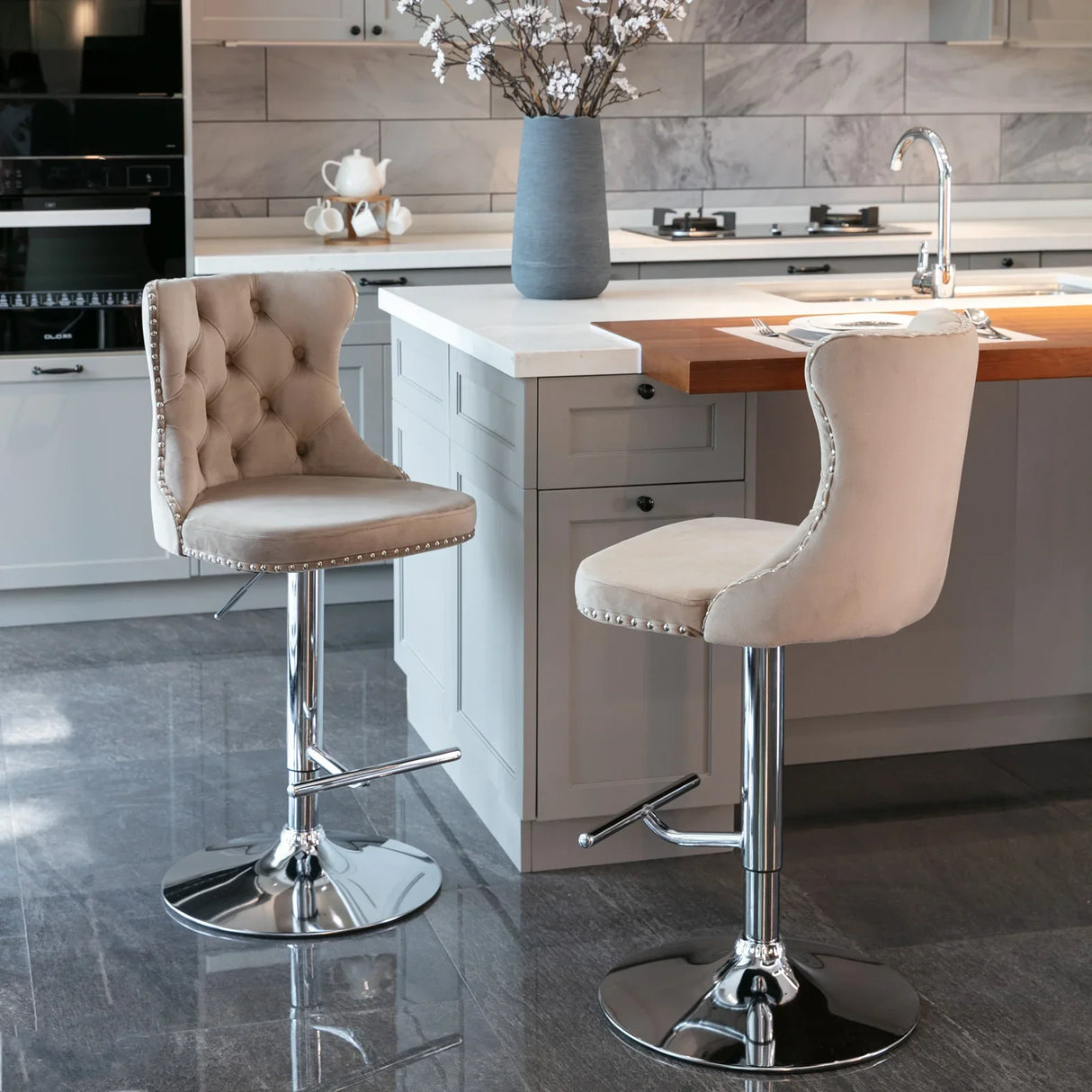Bar Stool Set Swivel Tufted Velvet Chrome Base Khaki - Furniture Home Direct