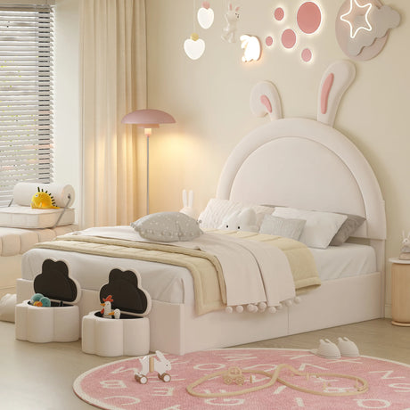 Rabbit-Shaped Bed for Kids Upholstered Full-Size White - Furniture Home Direct
