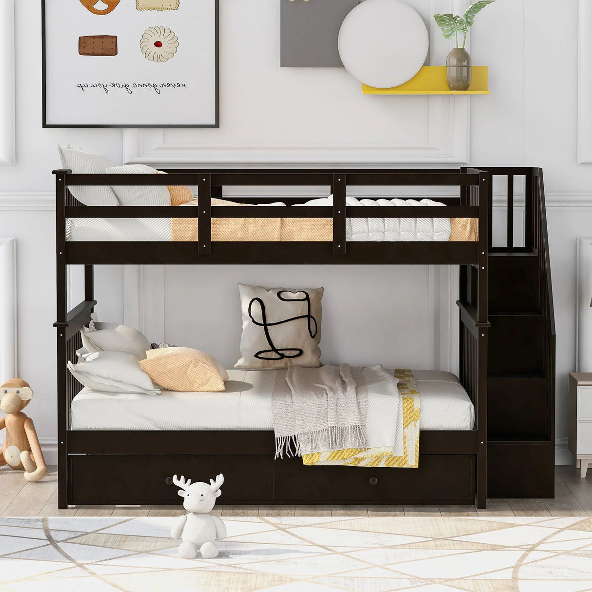 Stairway Bunk Bed With Storage And Guard Rail For Bedroom - Furniture Home Direct