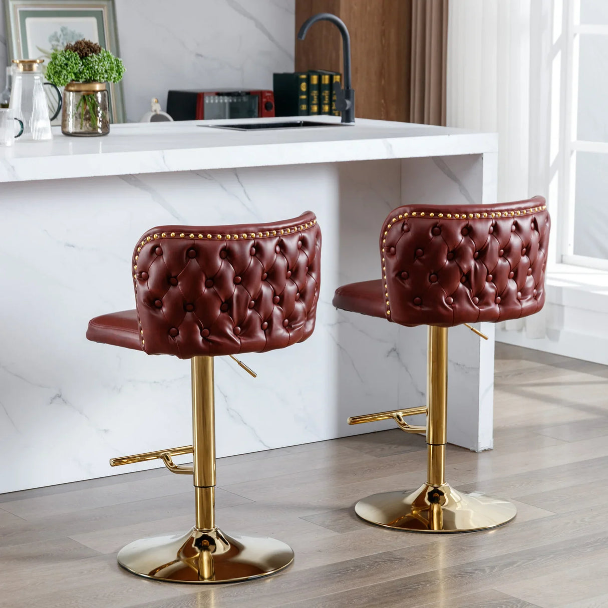 Counter Height Bar Stool Tufted Leather Swivel Burgundy - Furniture Home Direct