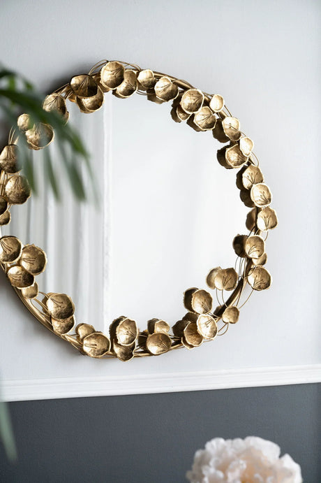 Round Metal Wall Mirror With en Leaf Accents, Modern Decor Mirror For Living Room Entryway Hallway - Gold - Furniture Home Direct