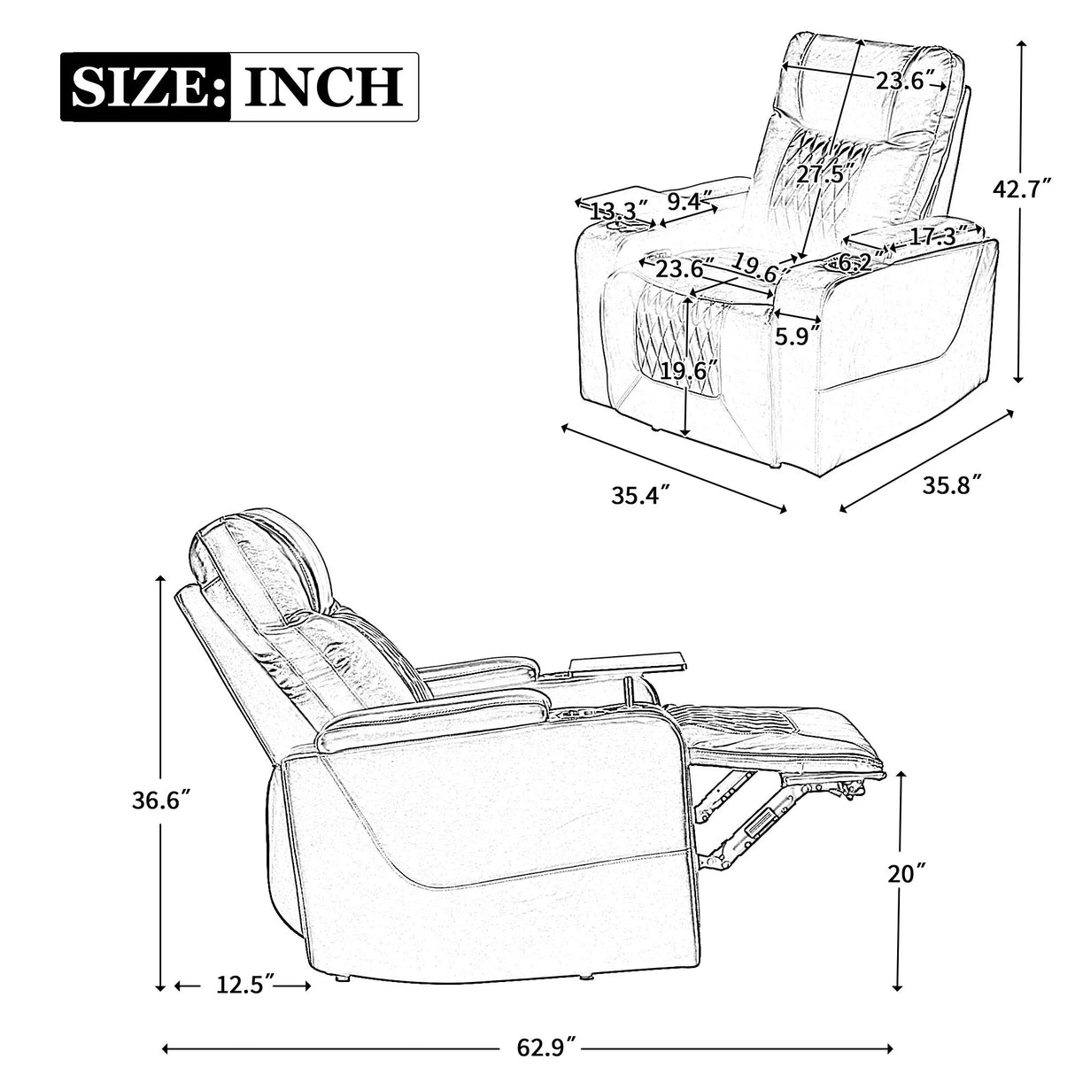 Power Motion Recliner With USB Charging Port And Hidden Arm Storage 2 Convenient Cup Holders Design And 360 Degree Swivel Tray Table - Furniture Home Direct
