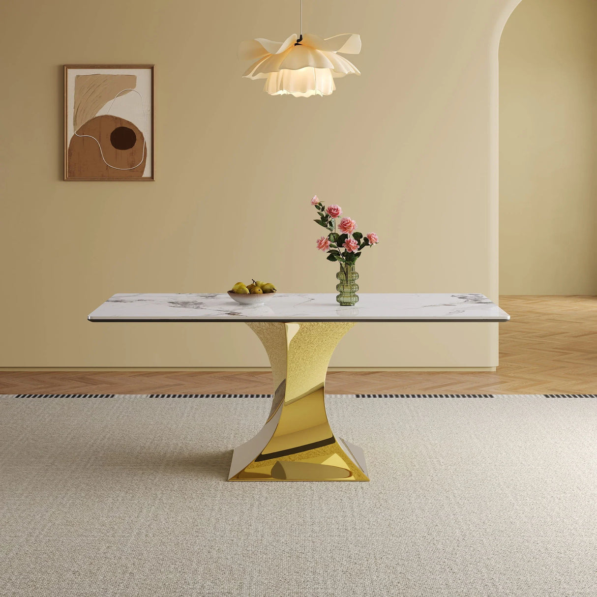 Modern Rectangular Dining Table For 6 - 8, Plated Hourglass Base - Furniture Home Direct