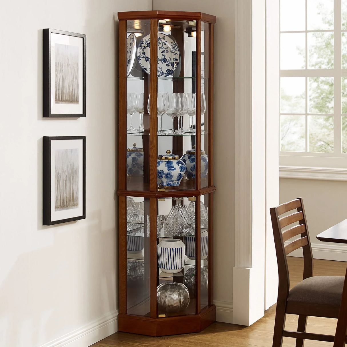 6 Shelf Lighted Corner Curio Cabinet With Adjustable Tempered Glass Shelves And Mirror Back (E26 Light Bulb Not Included) - Furniture Home Direct