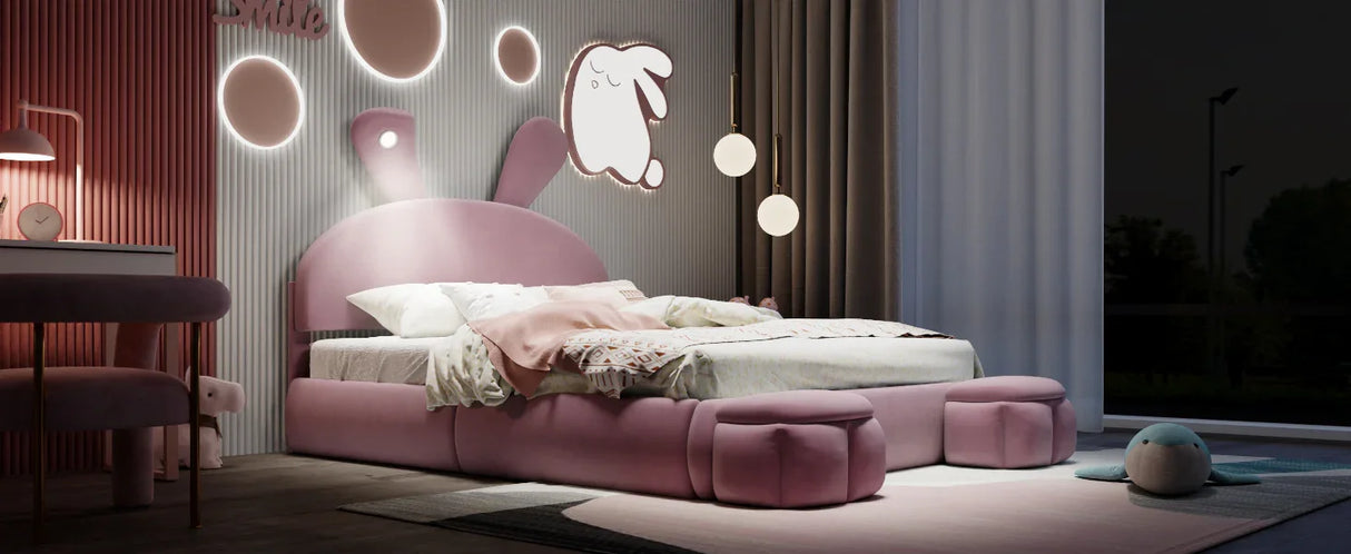 Full Size Upholstered Platform Bed with Cartoon Ears Shaped Headboard and Light, Pink - Furniture Home Direct
