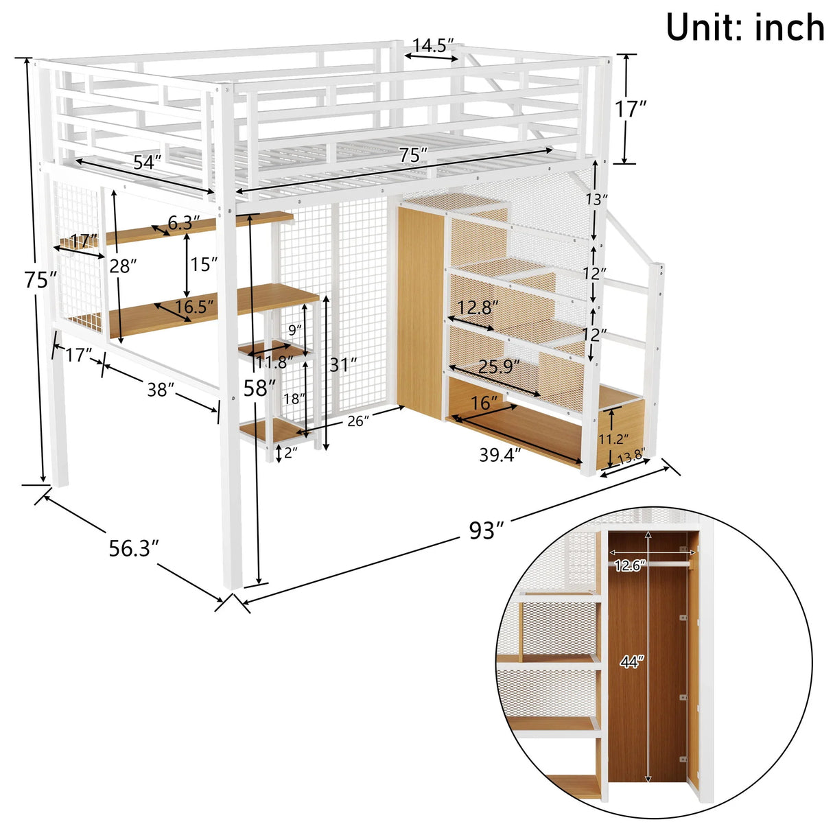 Metal Loft Bed With Wardrobe, Desk, Storage Shelves - Furniture Home Direct