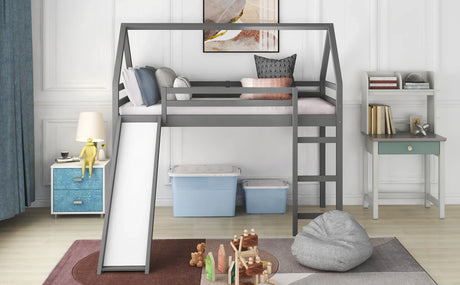 Twin Size House Loft Bed With Slide - Gray - Furniture Home Direct
