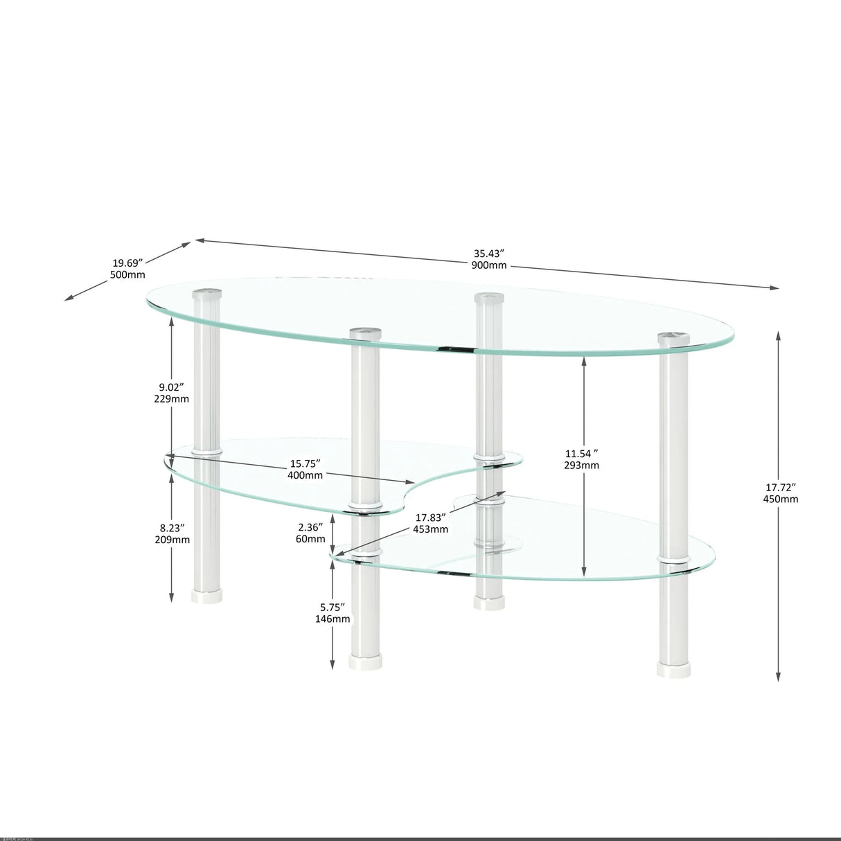 Transparent Oval Glass Coffee Table, Modern Table In Living Room Oak Wood Leg Tea Table 3-Layer Glass Table - Furniture Home Direct