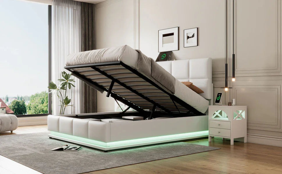 Platform Bed Tufted Upholstered Hydraulic Storage White - Furniture Home Direct