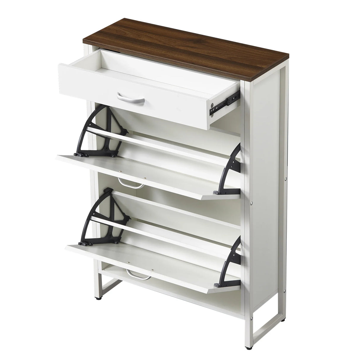 Slim Shoe Cabinet with 2 Flip Drawers - white and Walnut - Furniture Home Direct