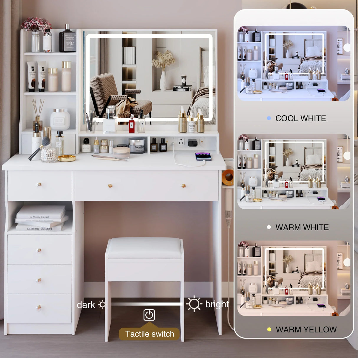 Vanity Desk Set With Cushioned Stool And Large Mirror White - Furniture Home Direct