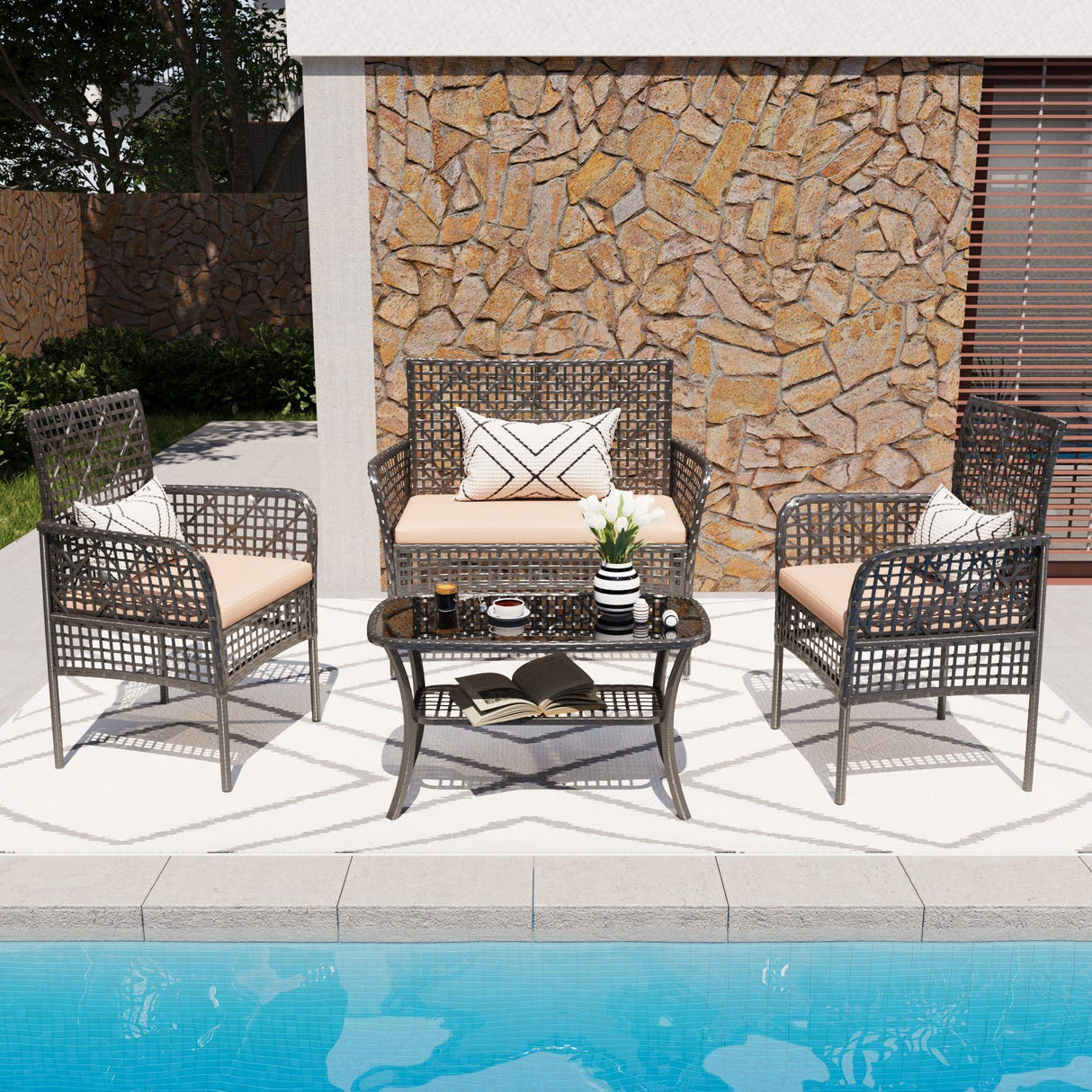 4 Pieces Rattan Wicker Chairs With Tempered Glass Table And Cushions - Furniture Home Direct